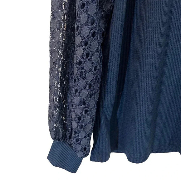 Miholl NWT Navy Blue Blouse Plus XXL Long Lace Eyelet Sleeves Waffle Knit Zipper - Picture 5 of 9